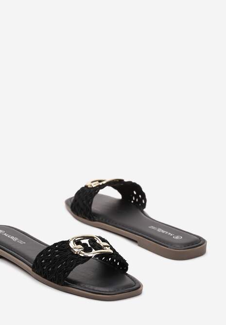 Czarne Płaskie Klapki ze Złotą Klamrą Efimue