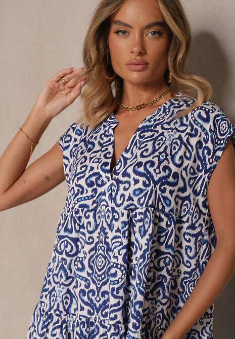 Niebieska Rozkloszowana Sukienka z Bawełny o Fasonie Oversize Liranda