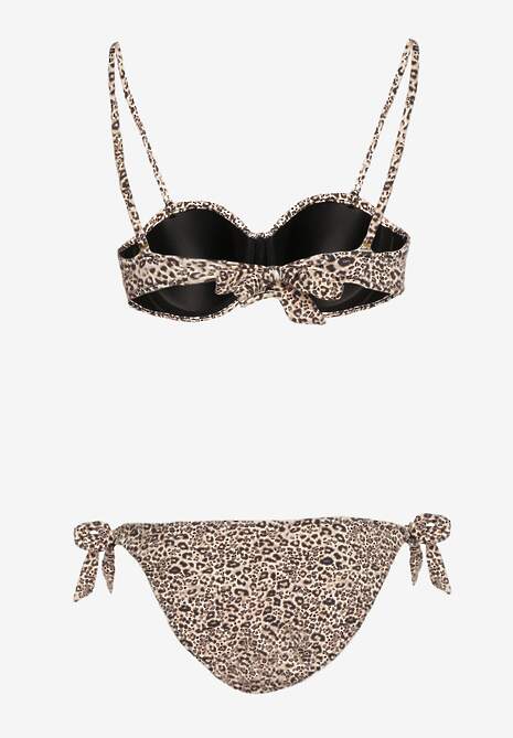 Ciemnobeżowe Bikini Usztywniany Biustonosz z Ozdobą i Majtki Typu Figi ze Sznurkami po Bokach Aromarie