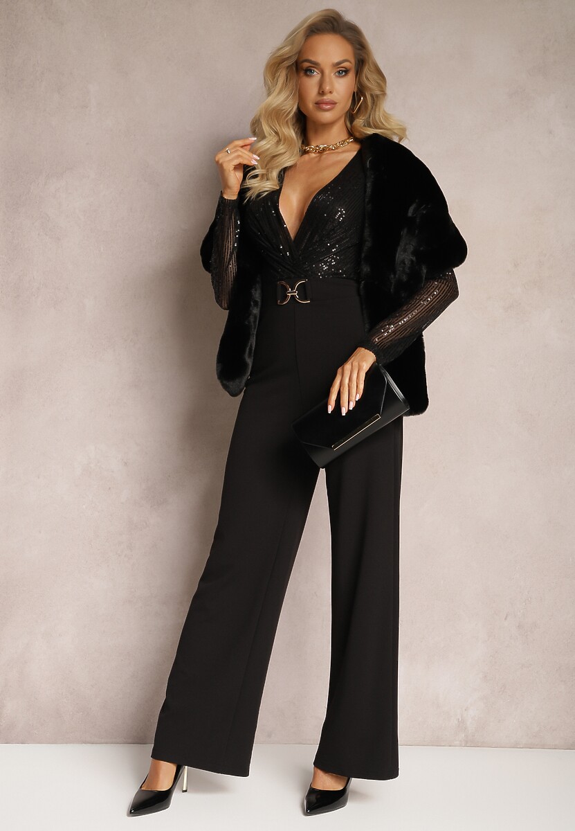 Czarny Długi Kombinezon w Cekiny z Kopertowym Dekoltem Campara