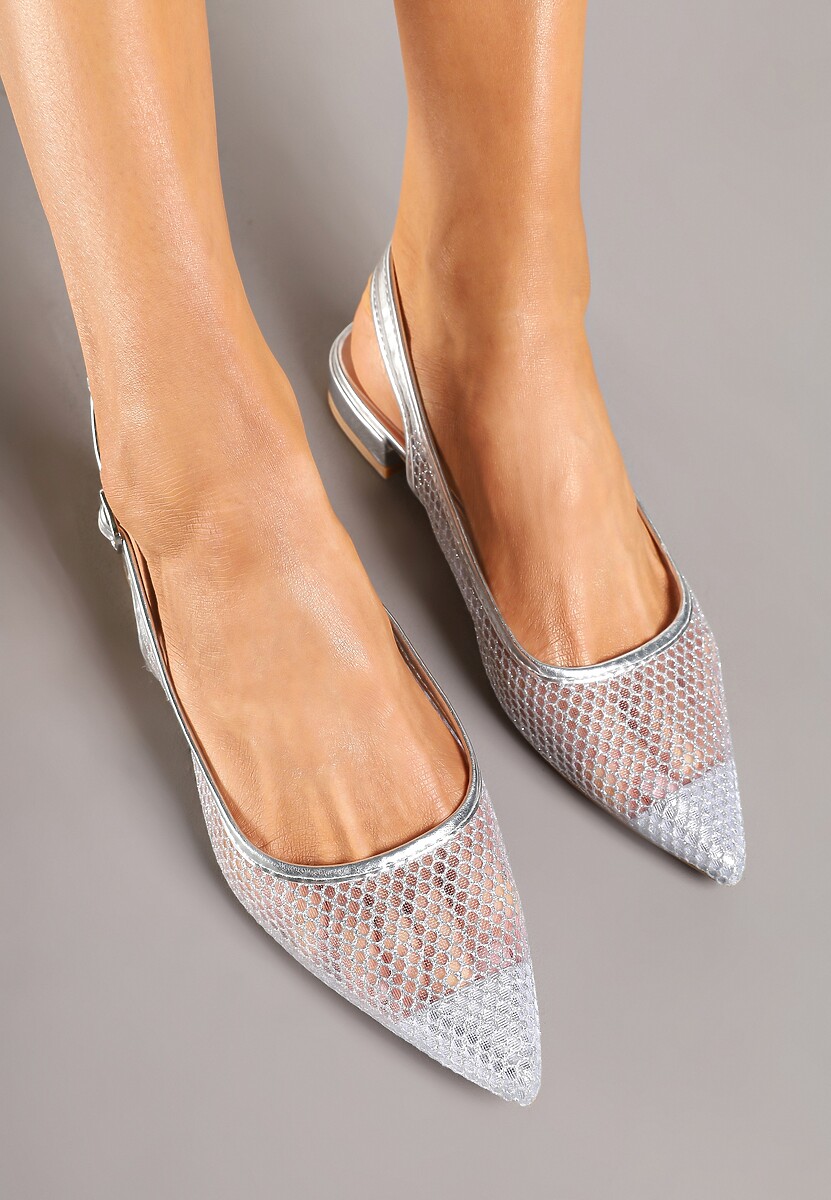Srebrne Siateczkowe Sandały z Brokatem i Szpiczastym Noskiem Falvesina
