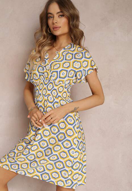 Żółta Kopertowa Sukienka Mini z Gumką w Talii z Wiskozy Samata