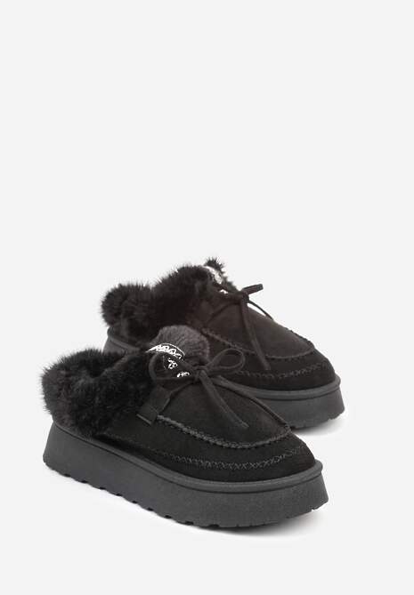 Czarne Rustykalne Śniegowce z Niską Cholewką Zdobione Futrem i Kokardą Tuspena