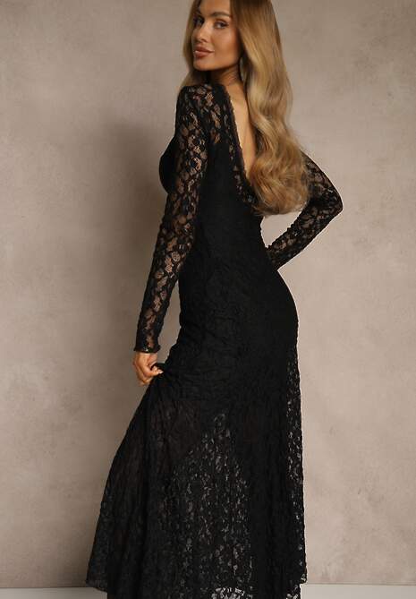 Czarna Elegancka Sukienka z Koronki z Odkrytymi Plecami Lilafera