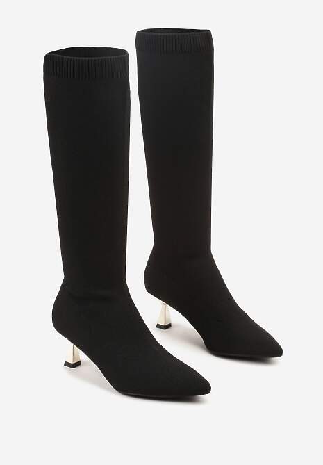 Czarno-Złote Kozaki Vices na Kaczuszce Ozdobione Skarpetową Cholewką Asonelle