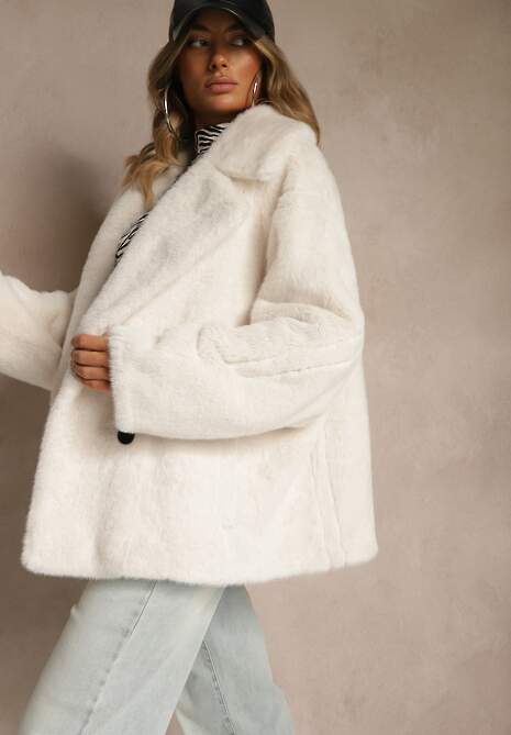 Biała Dwurzędowa Kurtka Futerko o Fasonie Oversize Manella