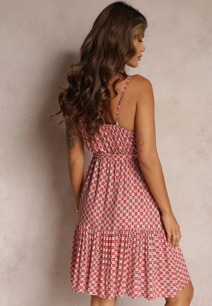 Różowa Wiskozowa Sukienka z Falbankami i Gumką w Pasie z Materiałowym Paskiem Erafina