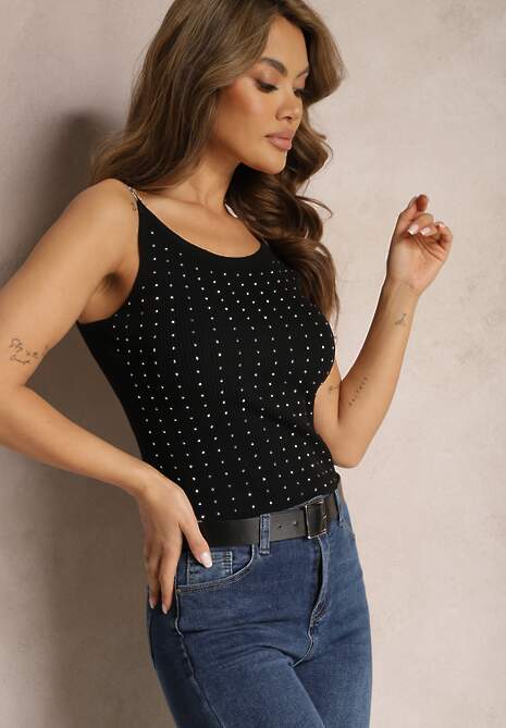 Czarny Top Ozdobiony Cyrkoniami na Metalicznych Ramiączkach Qutella