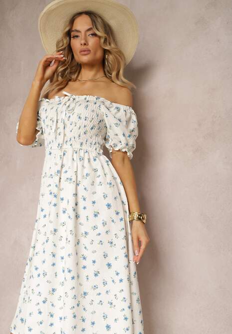 Biało-Niebieska Kwiecista Sukienka Hiszpanka z Marszczonym Dekoltem i Falbanką Claperia
