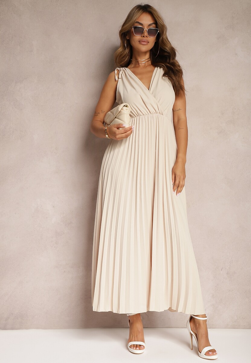 Beżowa Rozkloszowana Sukienka Plisowana z Wiskozą i Bawełną Wykończona Gumką w Talii Yefia