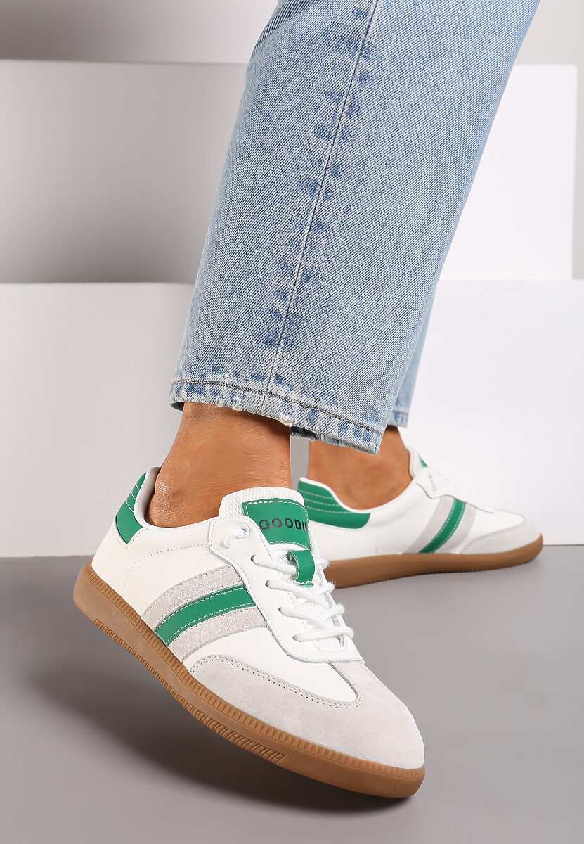 Biało-Złote Sneakersy ze Skóry Naturalnej na Płaskiej Podeszwie Wykończone Paskami Navinda