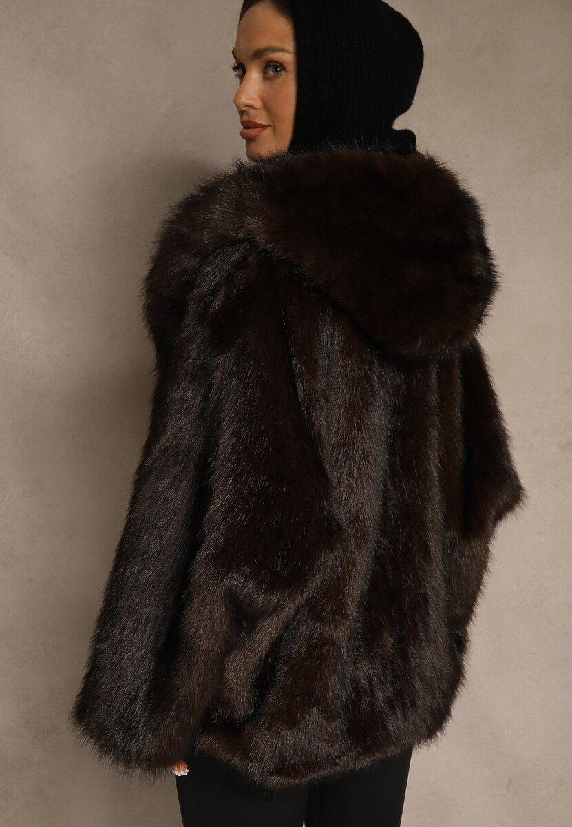 Brązowa Kurtka Futerko z Kapturem i Kieszeniami Zelafera