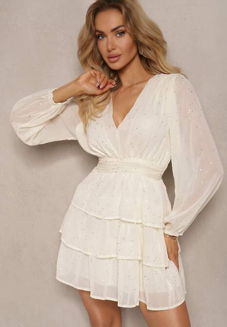 Jasnobeżowa Rozkloszowana Sukienka Mini z Metalicznym Nadrukiem i Falbankami Enrilea