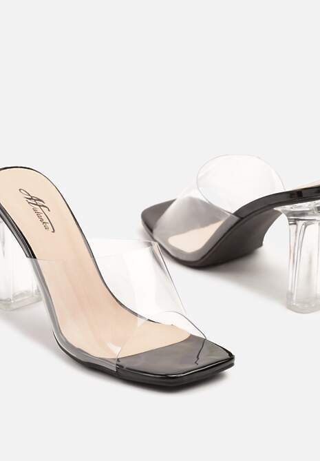 Czarne Klapki na Przezroczystym Słupku Ozdobione Kwadratowym Noskiem Santhera