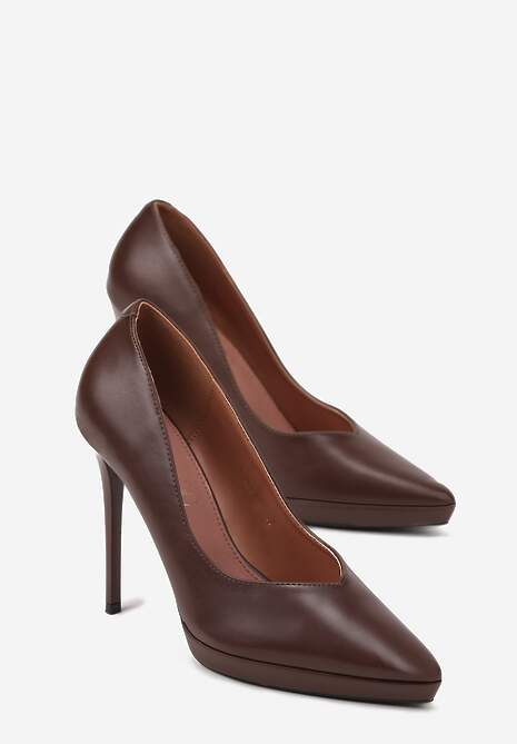 Brązowe Szpilki Vices na Grubej Podeszwie z Wkładką ze Skóry Naturalnej Ahrrie