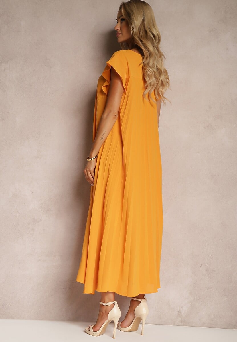 Pomarańczowa Rozkloszowana Sukienka z Plisowaniem i Krótkim Rękawem Hevina