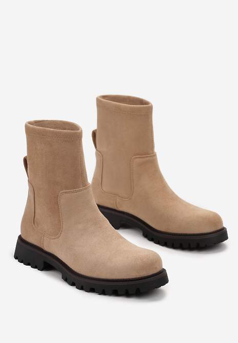 Beżowe Botki za Kostkę z Imitacji Zamszu Silvano