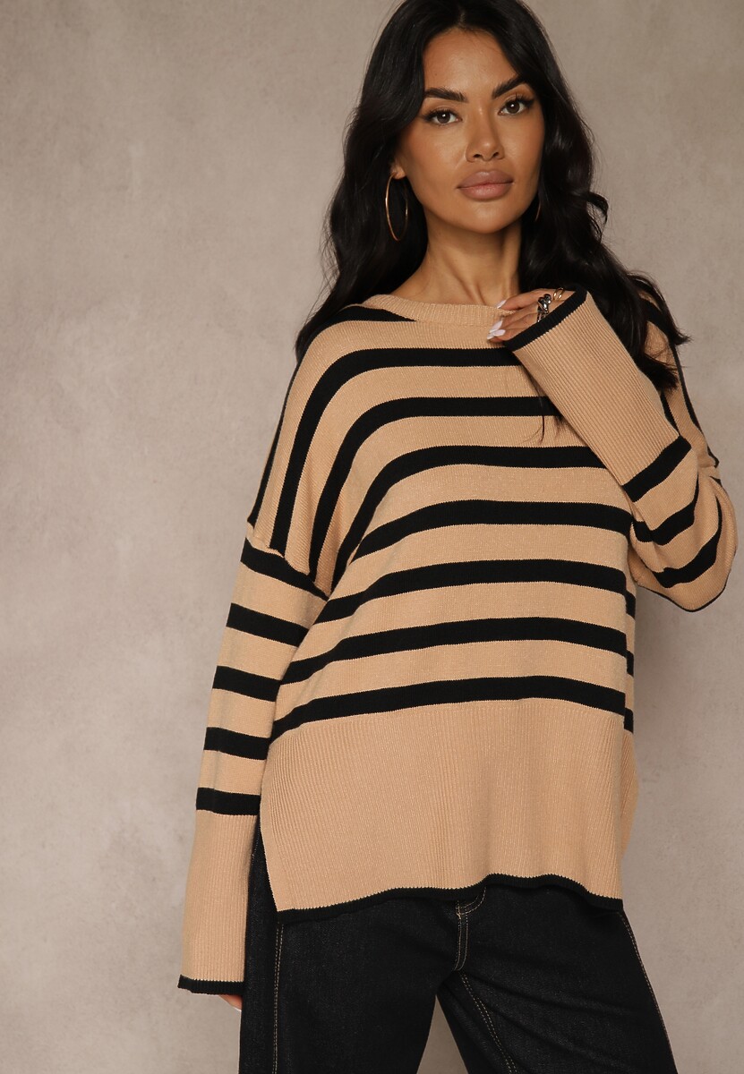 Kremowo-Czarny Sweter Oversize w Paski Kalitusa