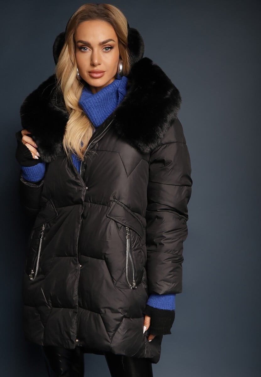 Czarna Pudełkowa Kurtka Pikowana Ozdobiona Odpinanym Futerkiem i Suwakiem Hedizelle