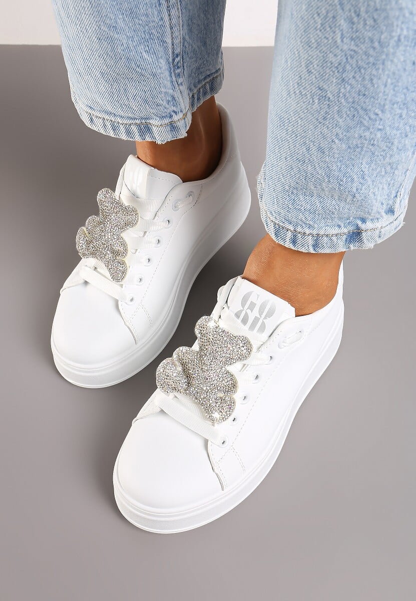 Białe Sneakersy Ozdobione Brokatowym Misiem Nevithaya