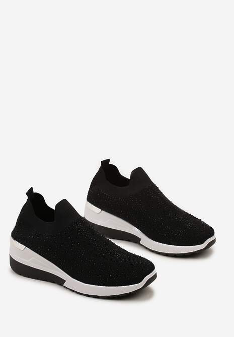 Czarne Wsuwane Sneakersy z Cyrkoniami na Koturnie Tireva
