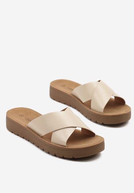 Beżowe Klapki Ozdobione Szerokimi Paskami Kinelira