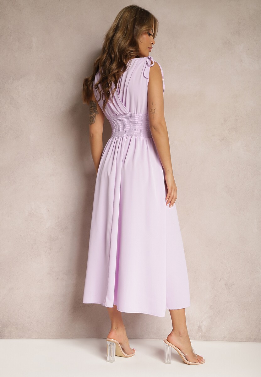 Jasnofioletowa Rozkloszowna Sukienka na Cienkich Ramiączkach z Kopertowym Dekoltem Eilinestia