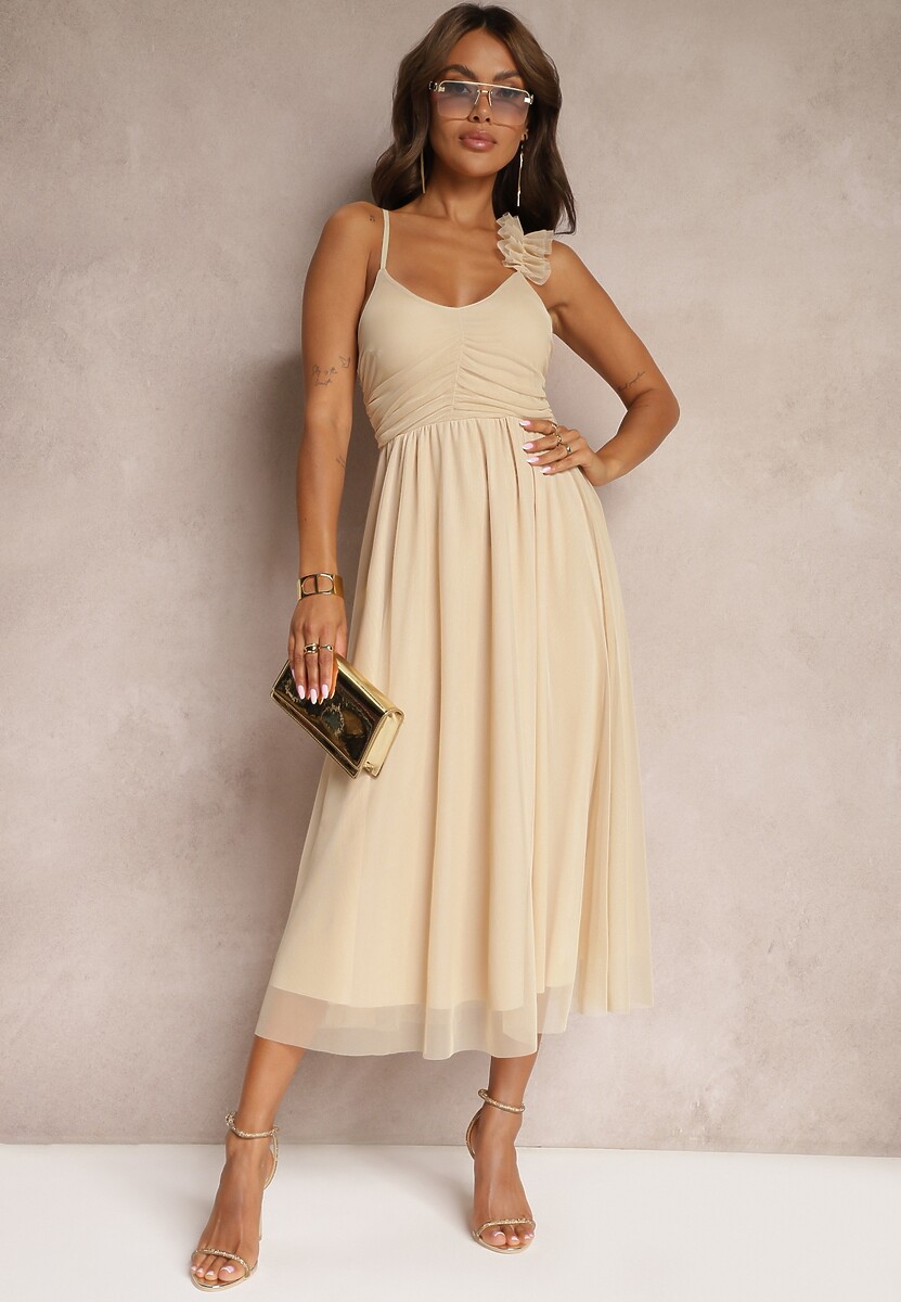 Beżowa Rozkloszowana Sukienka na Ramiączkach z Gumką w Pasie z Falbankami Zafara