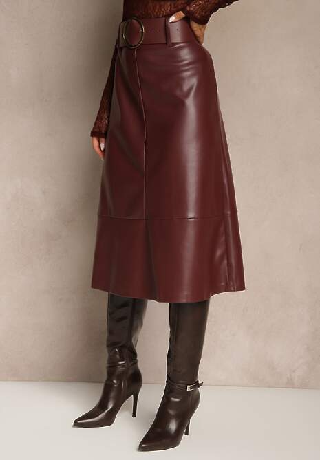 Bordowa Spódnica o Trapezowym Kroju z Imitacji Skóry z Szerokim Paskiem Saliavesa