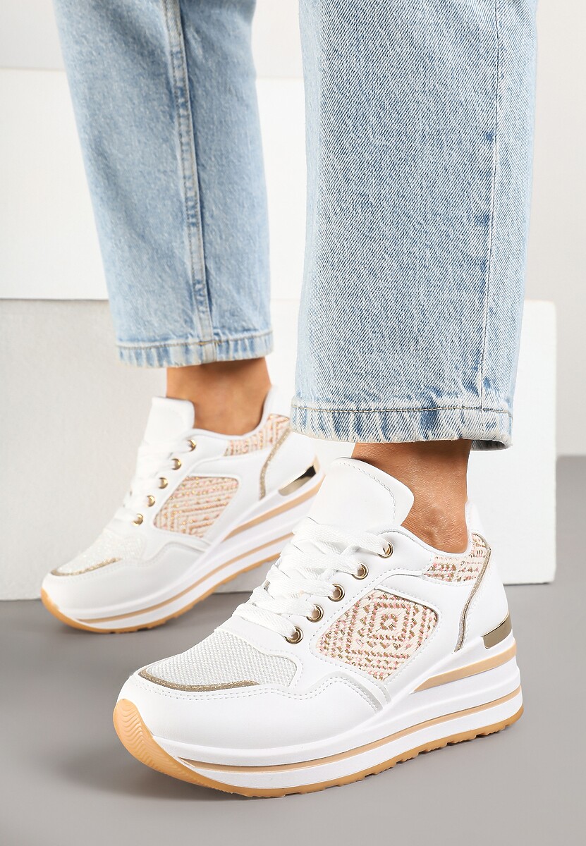 Białe Sneakersy na Koturnie z Geometrycznym Wzorem i Brokatem Tillineira