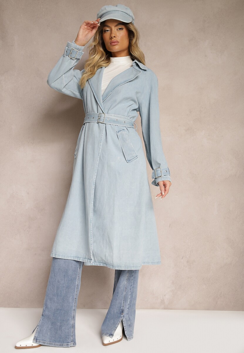 Niebieski Płaszcz z Jeansu z Przetarciami i Paskiem ze Sprzączką Umiorrea