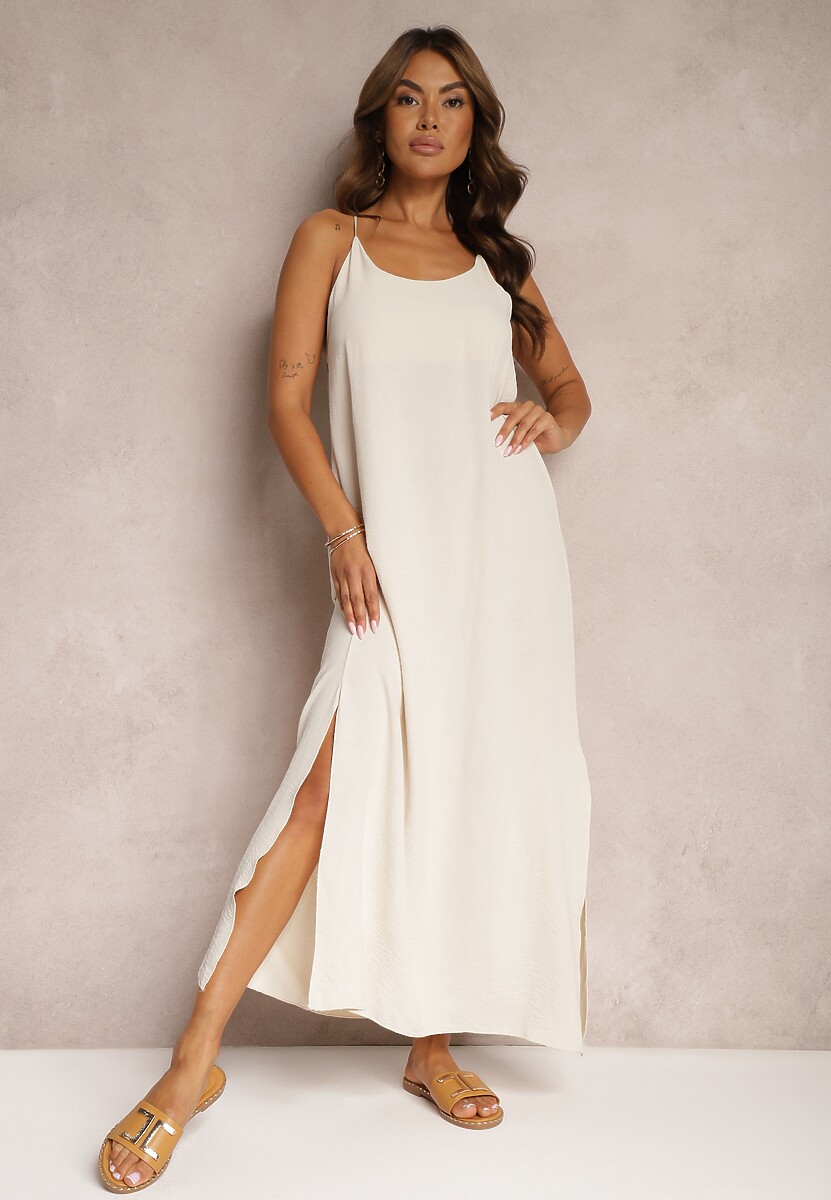 Beżowa Sukienka na Ramiączkach o Taliowanym Kroju Rivatta