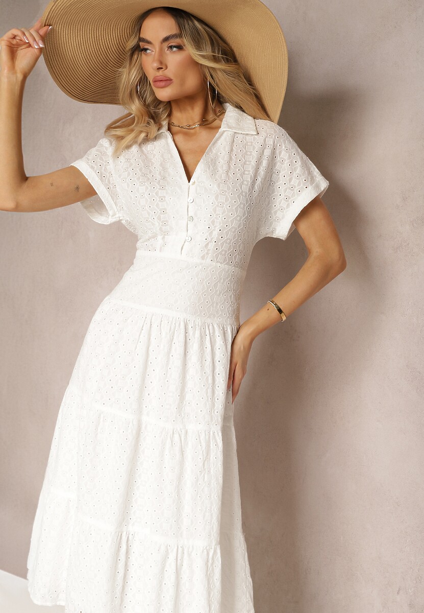 Pomarańczowa Ażurowa Sukienka z Bawełny z Krótkim Rękawem i Guzikami Obitha