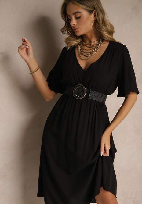 Czarna Rozkloszowana Sukienka z Bawełnianej Tkaniny Lirioneae