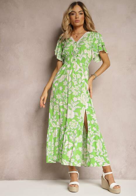 Jasnozielona Sukienka z Wiskozy z Krótkim Rękawem Wiązana z Przodu Marszczona w Pasie Tessam