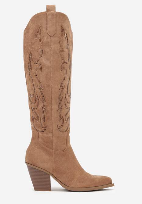 Jasnobrązowe Kozaki Kowbojki na Stożkowym Obcasie Zdobione Cyrkoniami Nalera