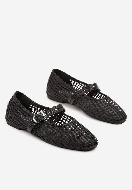 Czarne Ażurowe Balerinki w Stylu Mary Jane z Plecioną Cholewką Deraelle