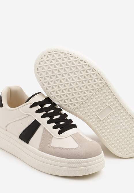 Beżowo-Czarne Sneakersy na Platformie Ozdobione Paskami ze Sznurowaniem Bormi