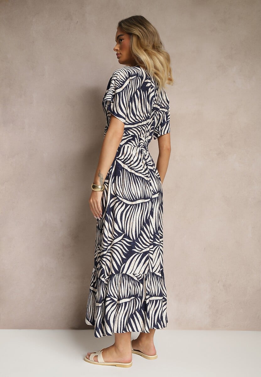 Niebieska Sukienka Wiskozowa o Rozkloszowanym Kroju w Liściasty Wzór Beledia