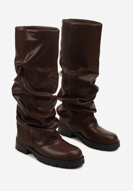 Brązowe Marszczone Kozaki z Cholewką Imitującą Nogawkę Nalomassa