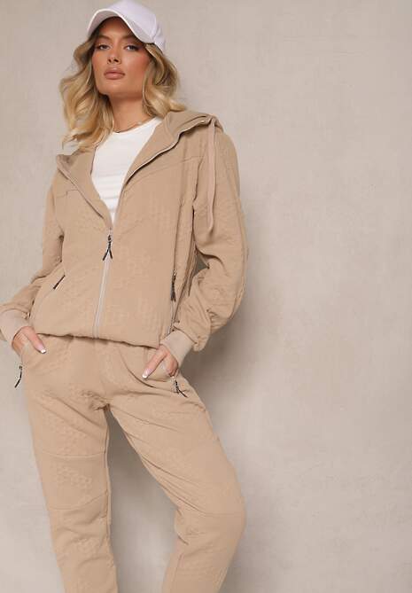 Ciemnobeżowy Komplet Dresowy Zdobiony Tłoczeniem Bluza z Kapturem i Joggery Tuseira