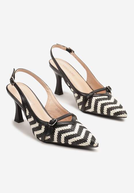 Czarne Sandały na Obcasie Kaczuszka z Klamerką i Tweedowymi Zdobieniami Adivrae
