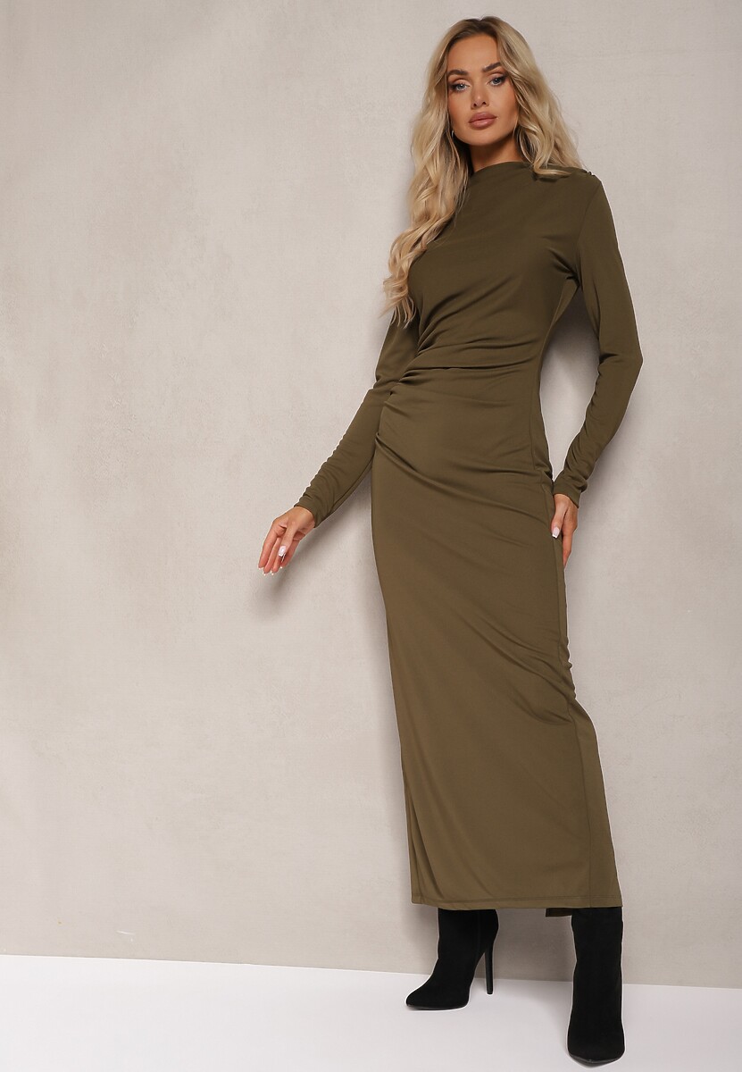 Ciemnozielona Sukienka o Dopasowanym Fasonie z Marszczeniem i Rozcięciem Galariel