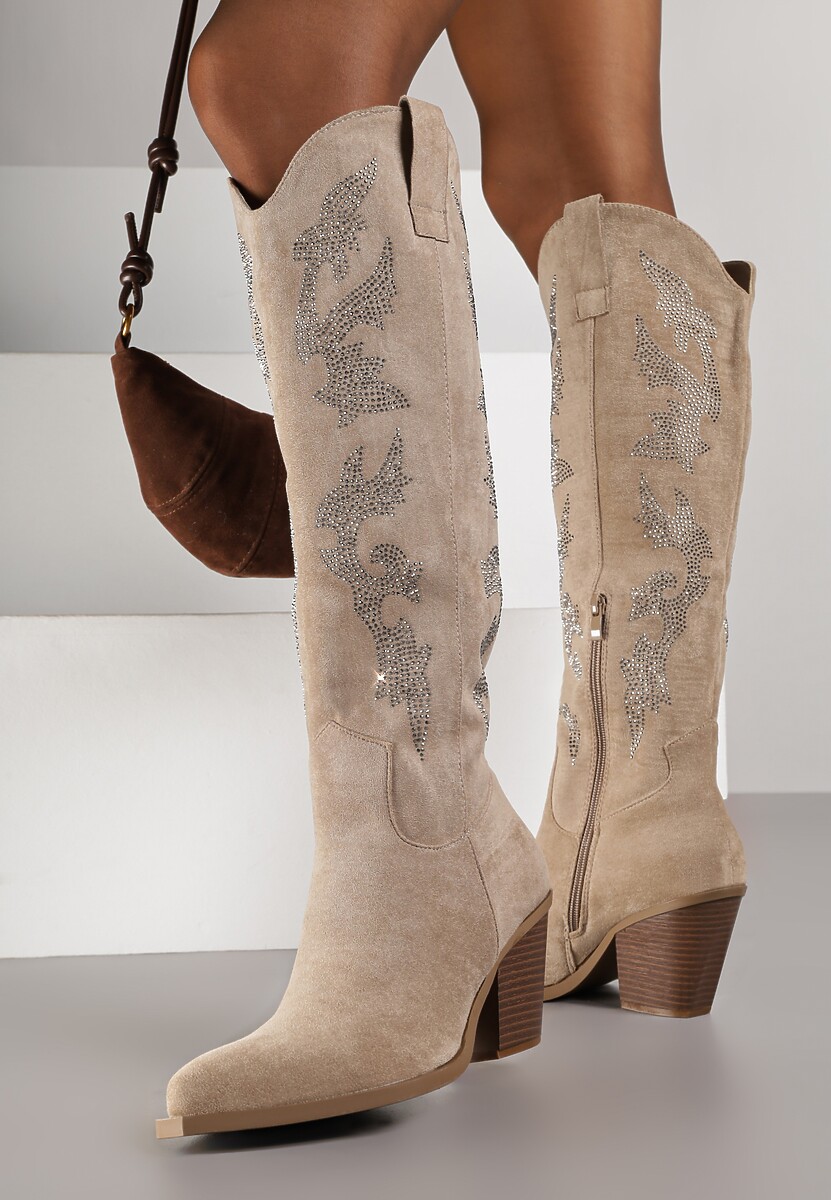 Ciemnobeżowe Kozaki Kowbojki na Stożkowym Obcasie z Aplikacją z Cyrkoniami Zevrine