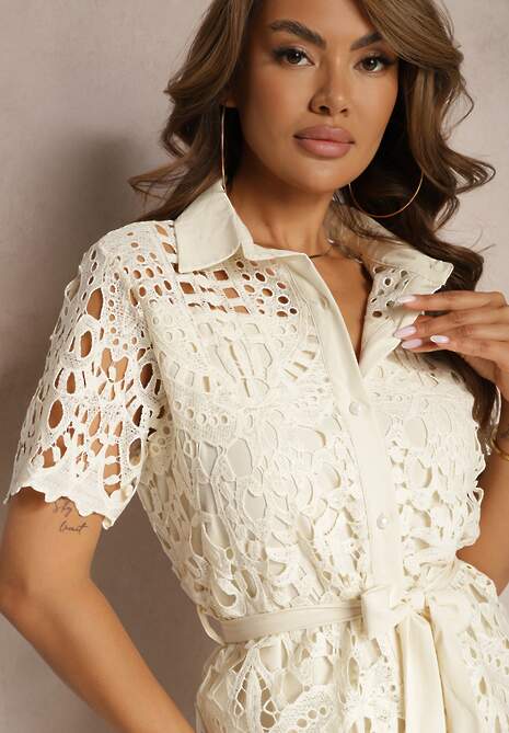 Beżowa Ażurowa Sukienka Koszulowa Wiązana w Pasie Lonnija