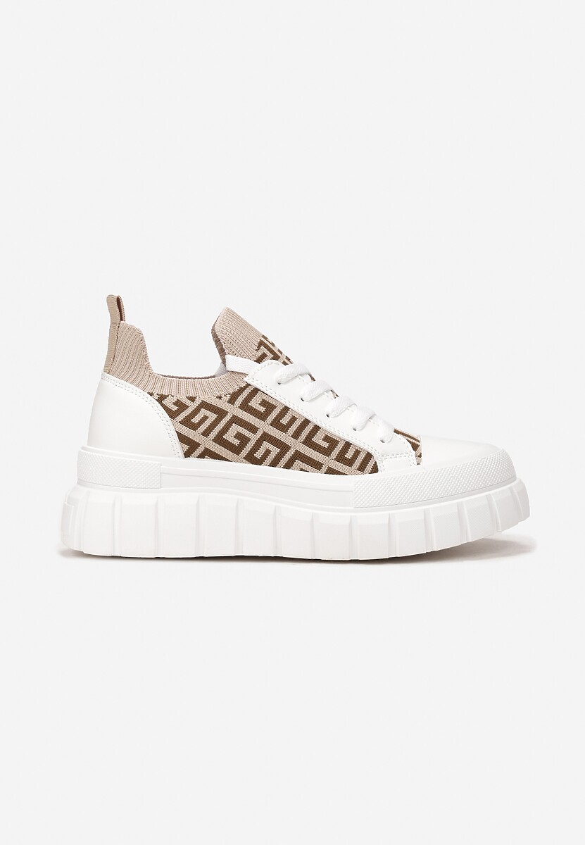 Biało-Beżowe Sneakersy na Tłoczonej Platformie z Geometrycznym Wzorem Votah