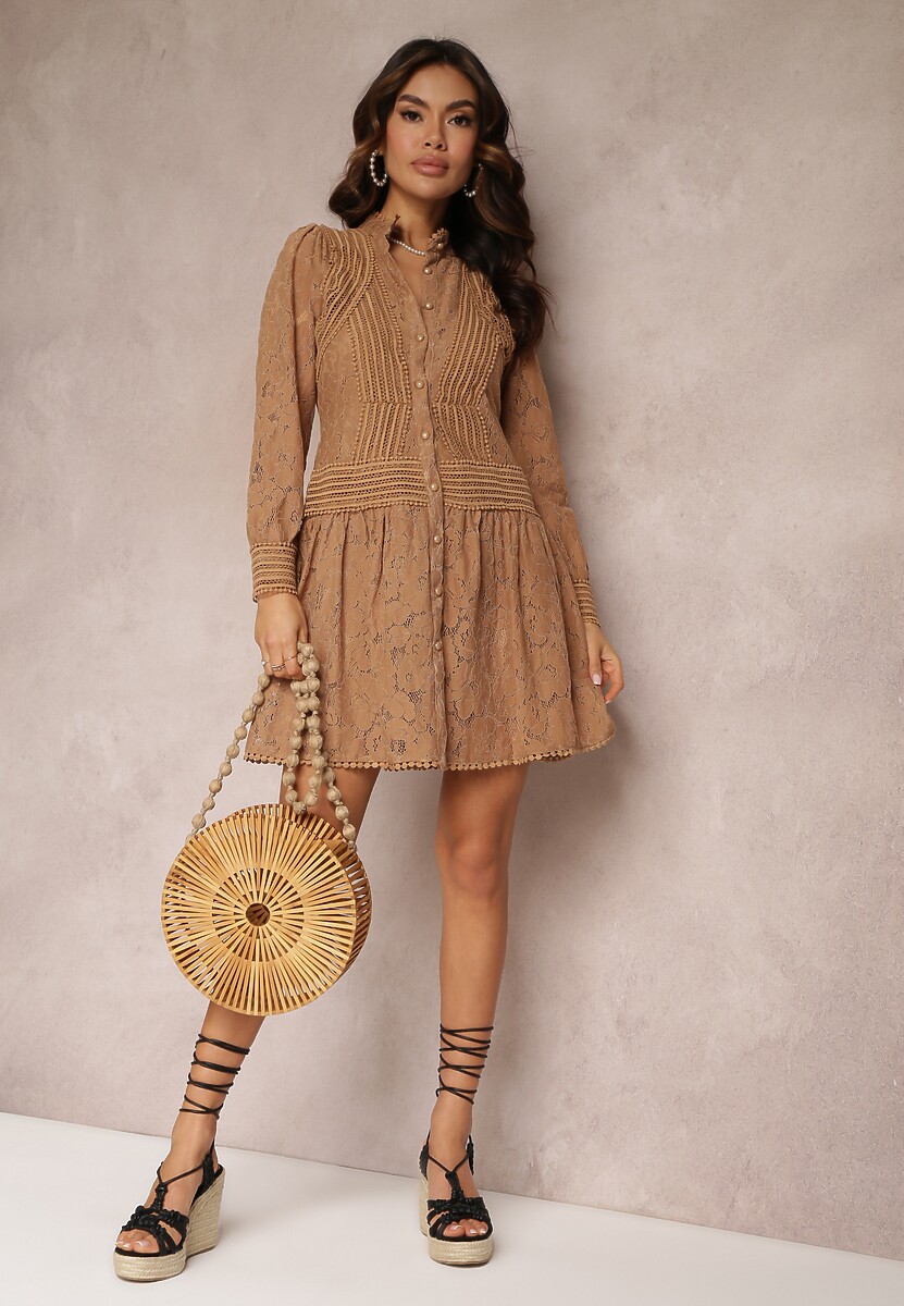 Ciemnobeżowa Rozkloszowana Sukienka Koszulowa Rutty