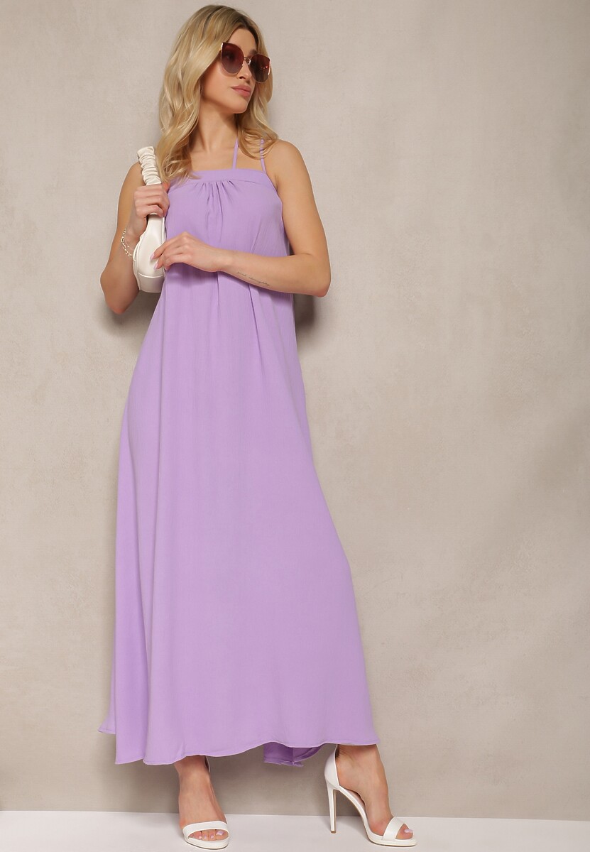 Fioletowa Sukienka z Regulowanymi Ramiączkami i Wiązaniem przy Szyi Qloenma