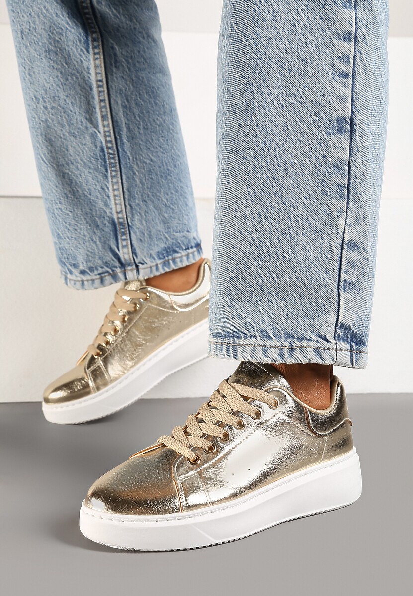Złote Metaliczne Sneakersy Vices na Płaskiej Podeszwie Syliel