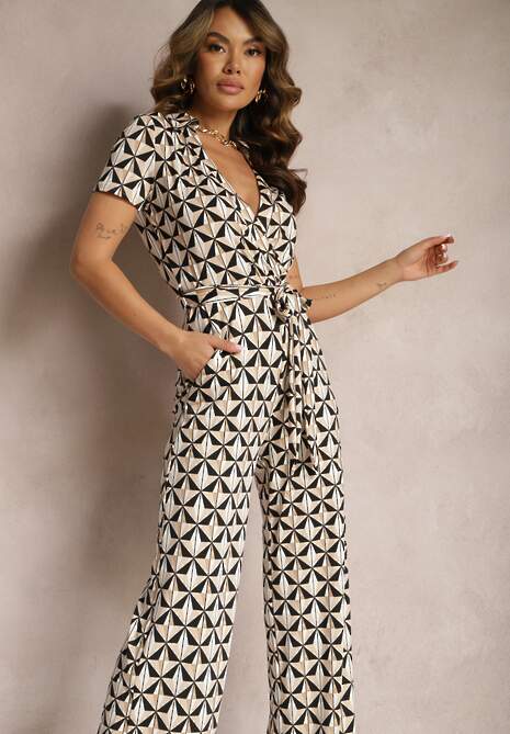 Czarno-Beżowy Długi Kombinezon Wiązany w Pasie z Kopertowym Dekoltem w Mozaikowy Wzór Maellias